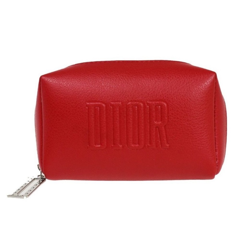NIB CHRISTIAN DIOR Logo Cosmetic Makeup Pouch Bag 100% Polyurethane Red Silver - Picture 9 of 12
